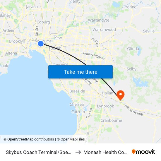 Skybus Coach Terminal/Spencer St (Melbourne City) to Monash Health Community Berwick map
