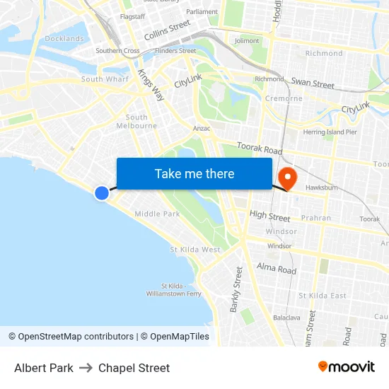 Albert Park to Chapel Street map