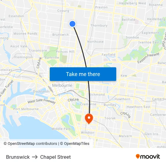 Brunswick to Chapel Street map