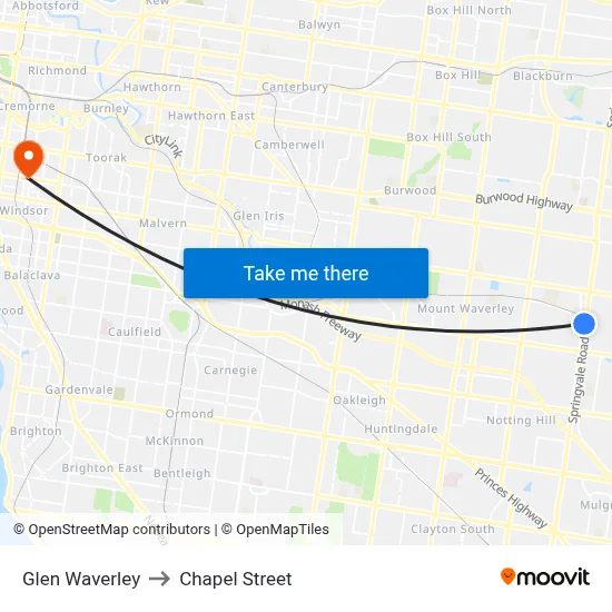 Glen Waverley to Chapel Street map