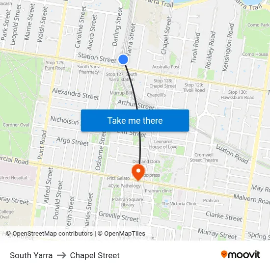 South Yarra to Chapel Street map