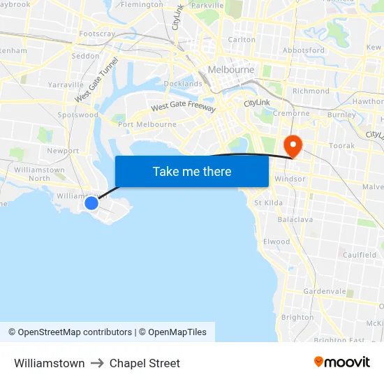 Williamstown to Chapel Street map
