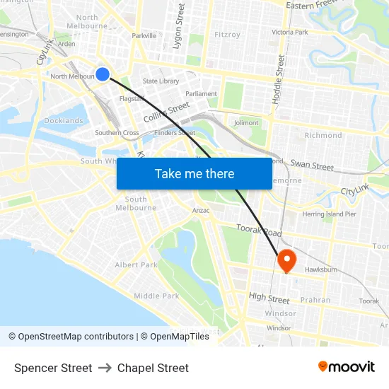 Spencer Street to Chapel Street map
