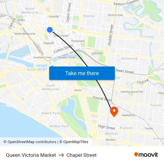 Queen Victoria Market to Chapel Street map