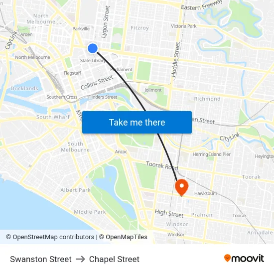 Swanston Street to Chapel Street map