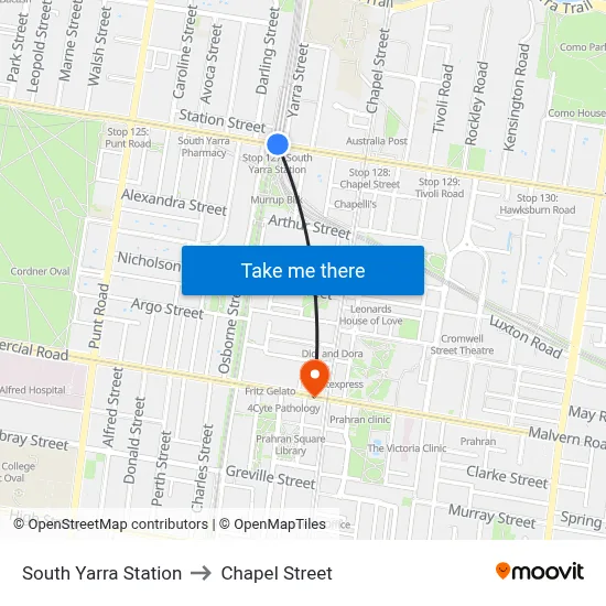 South Yarra Station to Chapel Street map