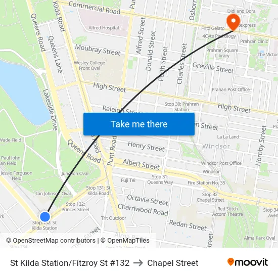 St Kilda Station/Fitzroy St #132 to Chapel Street map