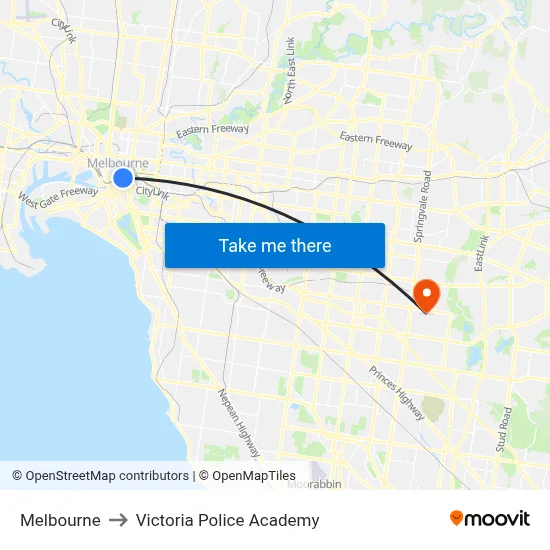 Melbourne to Victoria Police Academy map