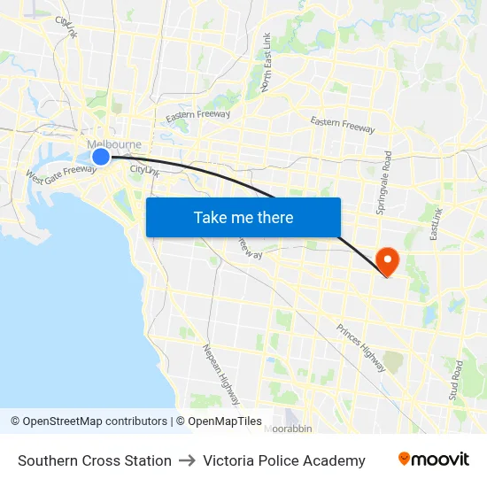 Southern Cross Station to Victoria Police Academy map