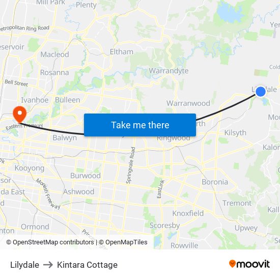 Lilydale to Kintara Cottage map