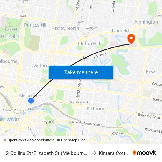 2-Collins St/Elizabeth St (Melbourne City) to Kintara Cottage map