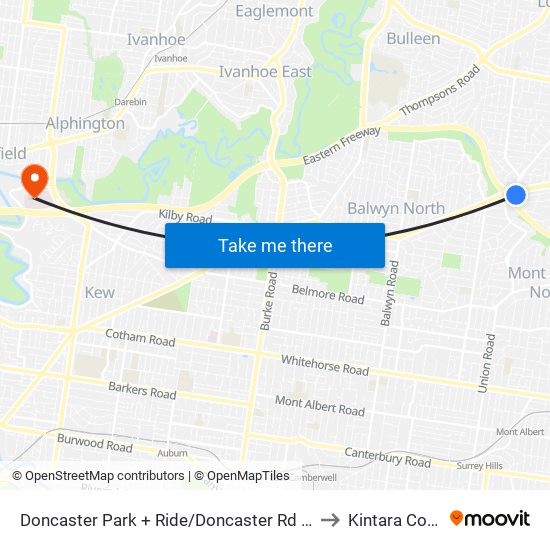 Doncaster Park + Ride/Doncaster Rd (Doncaster) to Kintara Cottage map