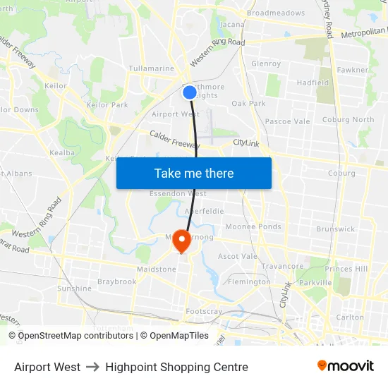 Airport West to Highpoint Shopping Centre map