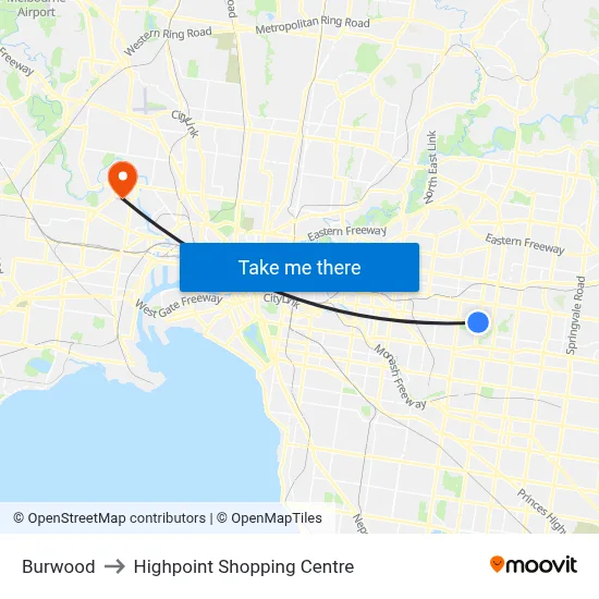 Burwood to Highpoint Shopping Centre map