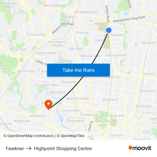 Fawkner to Highpoint Shopping Centre map