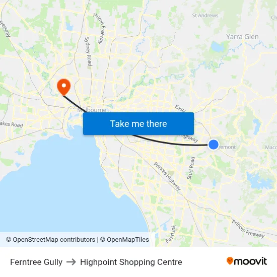 Ferntree Gully to Highpoint Shopping Centre map