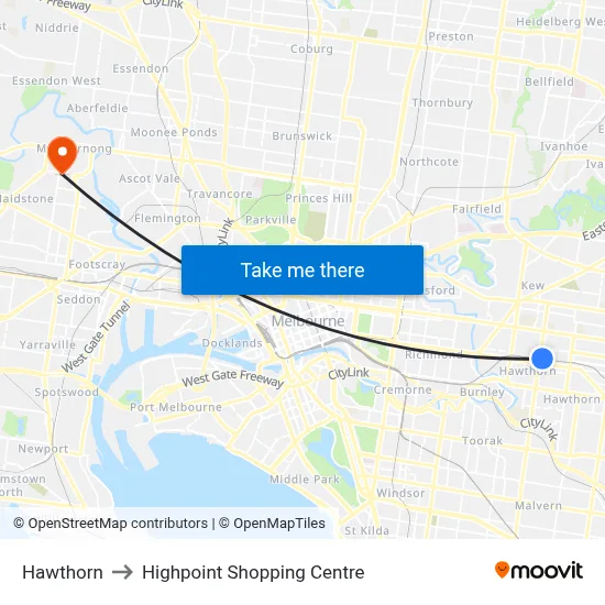 Hawthorn to Highpoint Shopping Centre map
