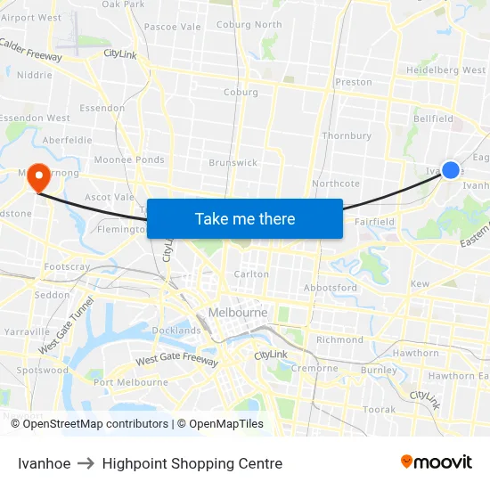Ivanhoe to Highpoint Shopping Centre map