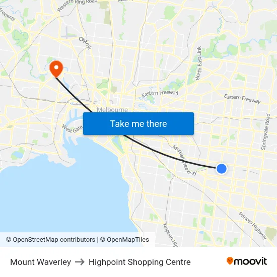 Mount Waverley to Highpoint Shopping Centre map
