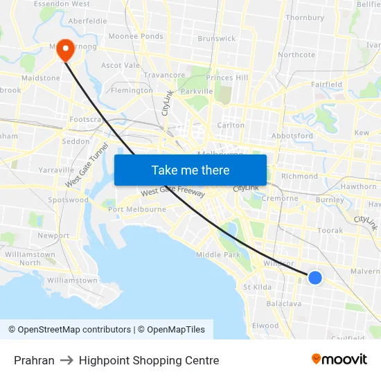 Prahran to Highpoint Shopping Centre map