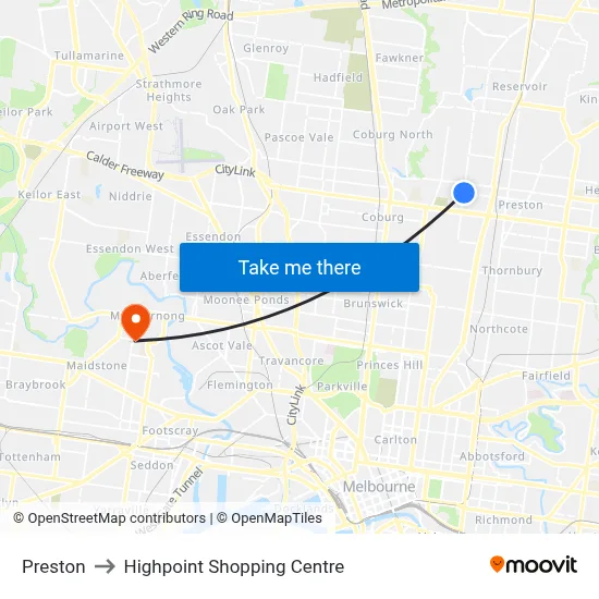 Preston to Highpoint Shopping Centre map