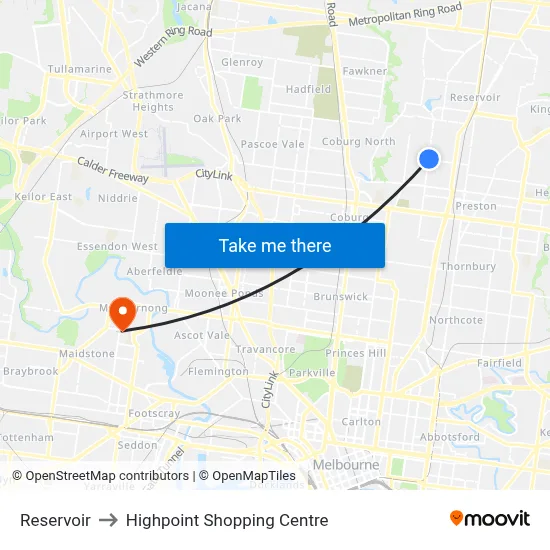 Reservoir to Highpoint Shopping Centre map