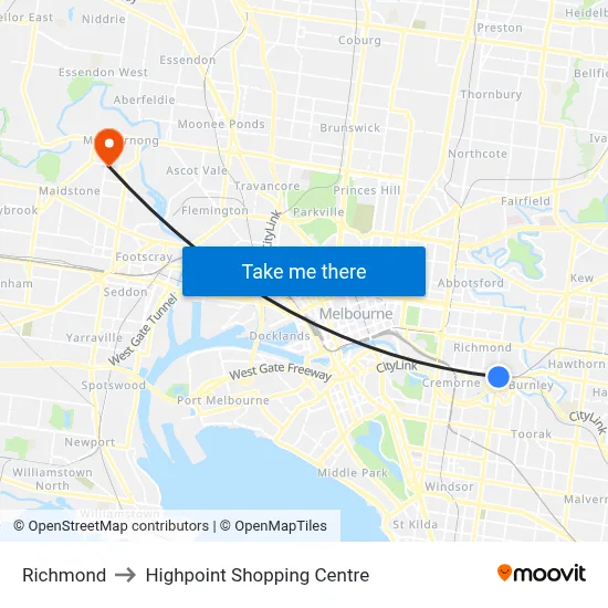 Richmond to Highpoint Shopping Centre map