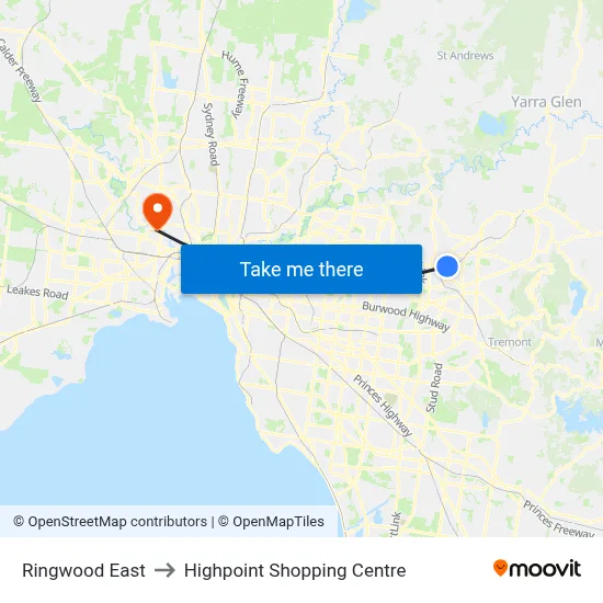 Ringwood East to Highpoint Shopping Centre map