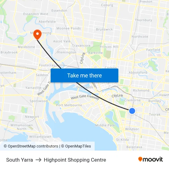 South Yarra to Highpoint Shopping Centre map