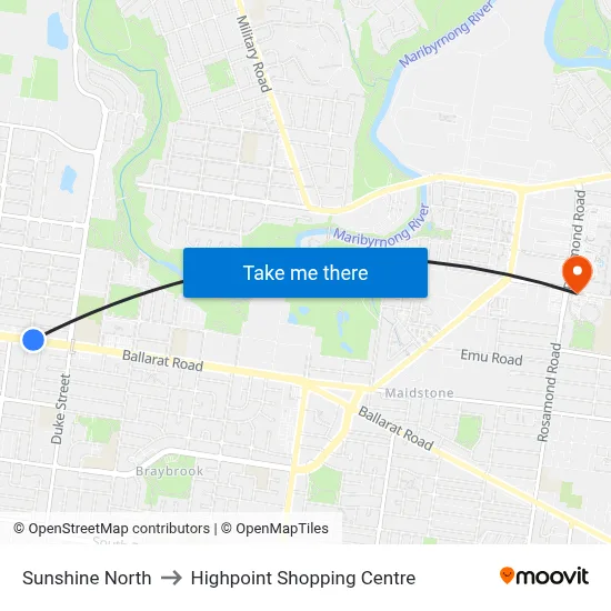 Sunshine North to Highpoint Shopping Centre map