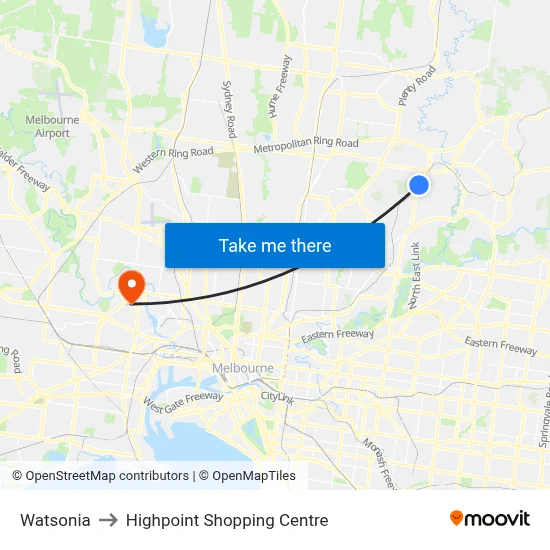 Watsonia to Highpoint Shopping Centre map