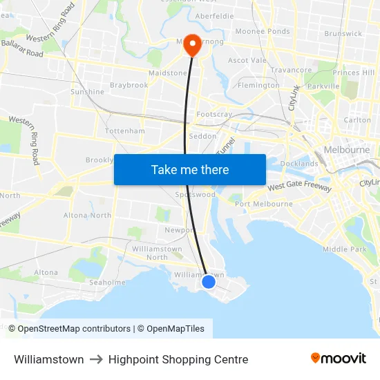 Williamstown to Highpoint Shopping Centre map