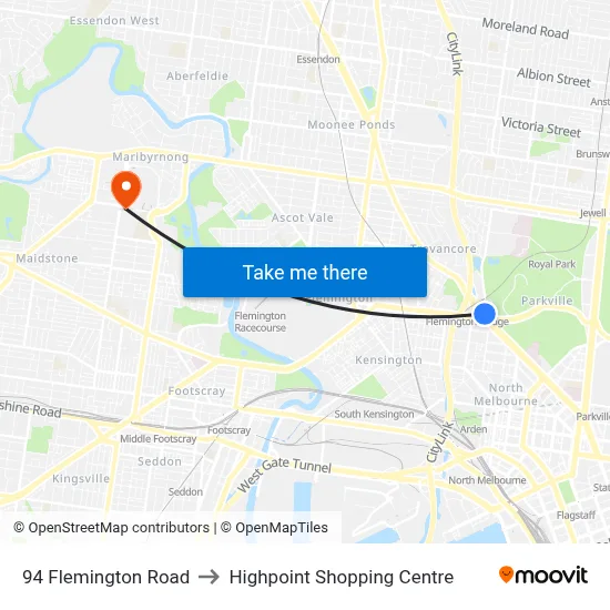 94 Flemington Road to Highpoint Shopping Centre map