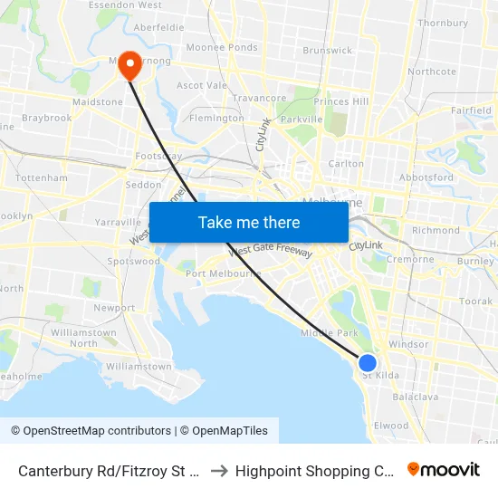Canterbury Rd/Fitzroy St #133 to Highpoint Shopping Centre map