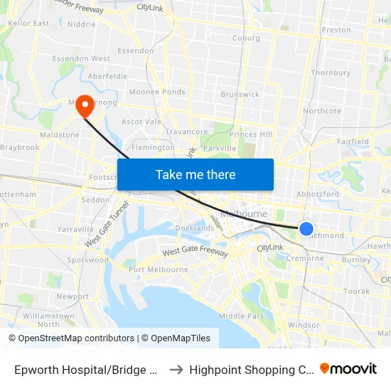 Epworth Hospital/Bridge Rd #15 to Highpoint Shopping Centre map