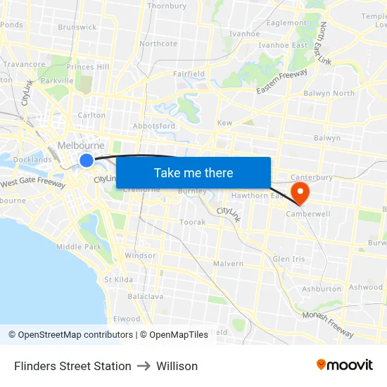 Flinders Street Station to Willison map