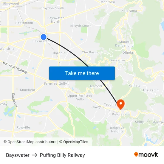 Bayswater to Puffing Billy Railway map