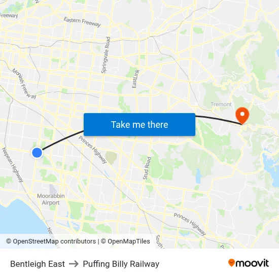 Bentleigh East to Puffing Billy Railway map