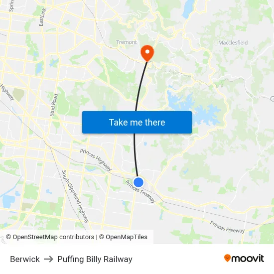 Berwick to Puffing Billy Railway map