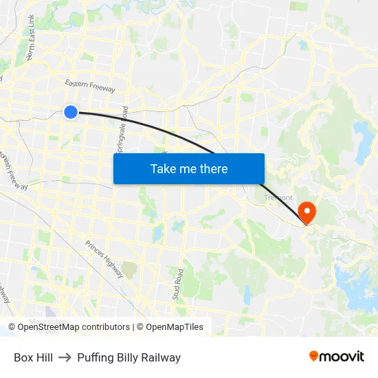 Box Hill to Puffing Billy Railway map