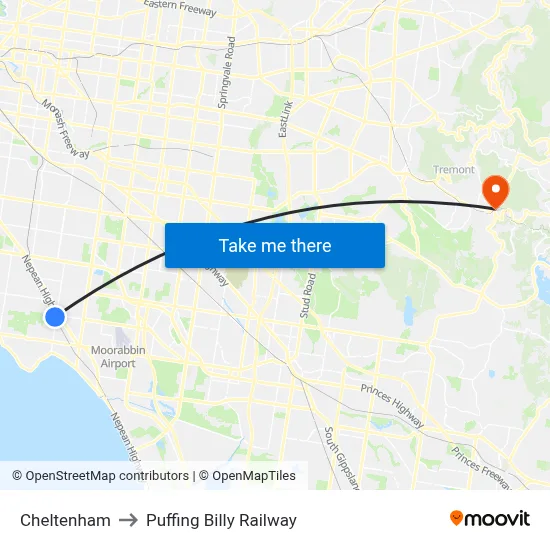 Cheltenham to Puffing Billy Railway map