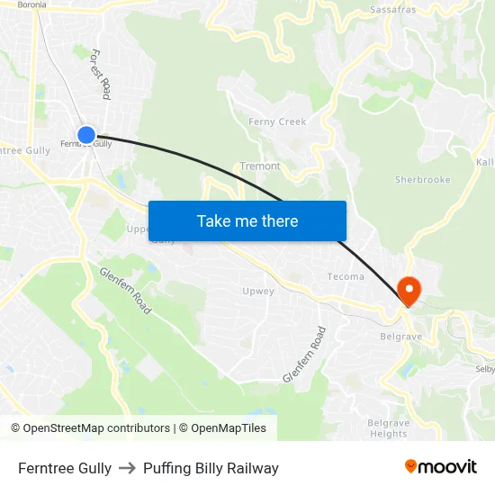 Ferntree Gully to Puffing Billy Railway map