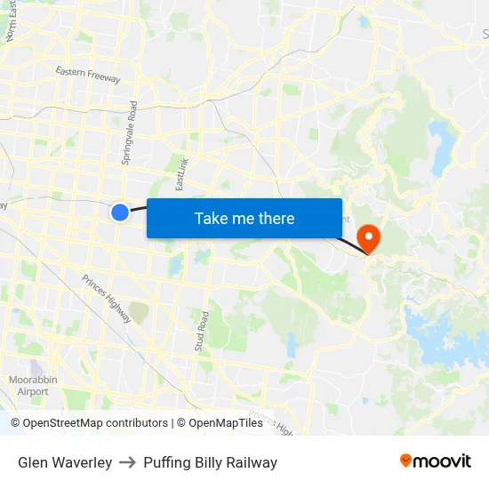 Glen Waverley to Puffing Billy Railway map