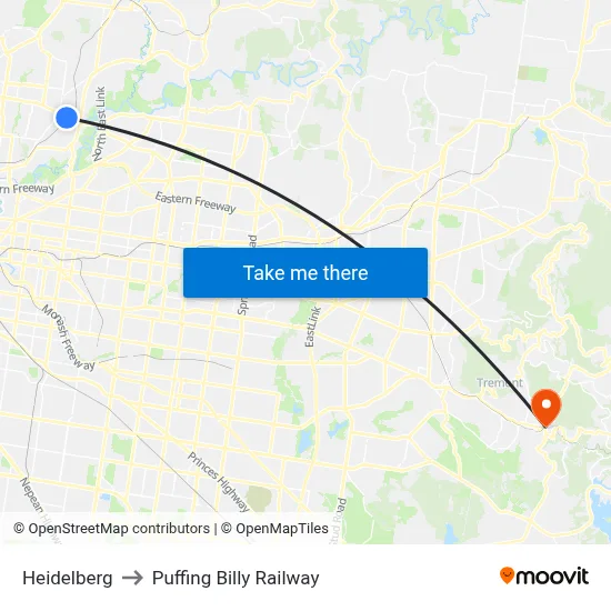 Heidelberg to Puffing Billy Railway map