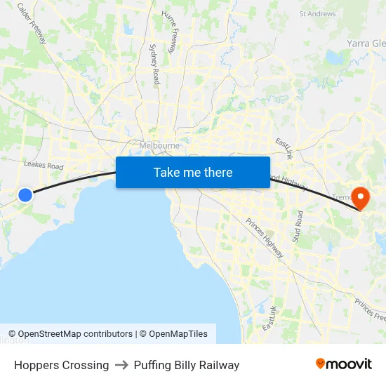 Hoppers Crossing to Puffing Billy Railway map