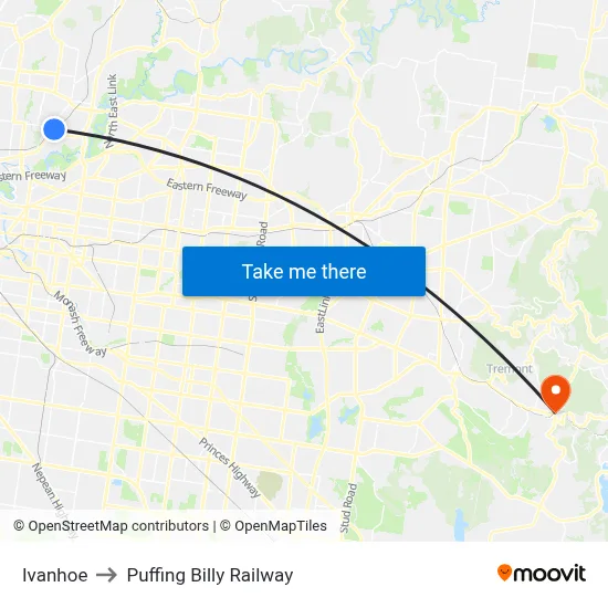 Ivanhoe to Puffing Billy Railway map