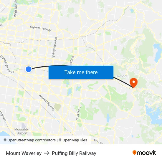 Mount Waverley to Puffing Billy Railway map