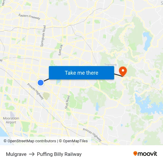 Mulgrave to Puffing Billy Railway map