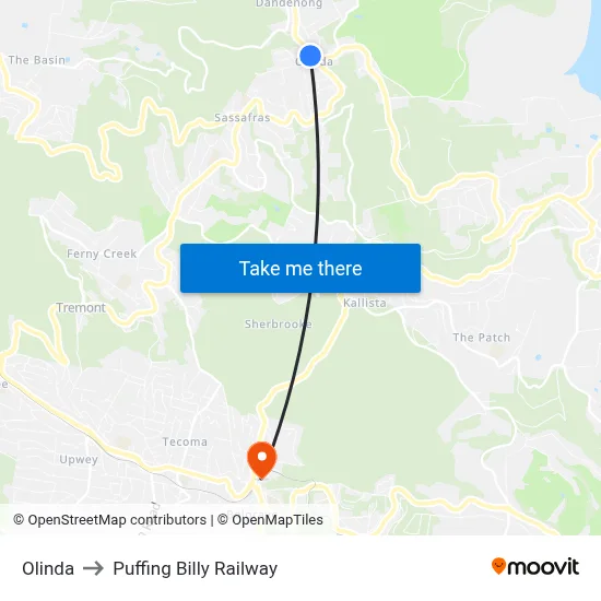 Olinda to Puffing Billy Railway map