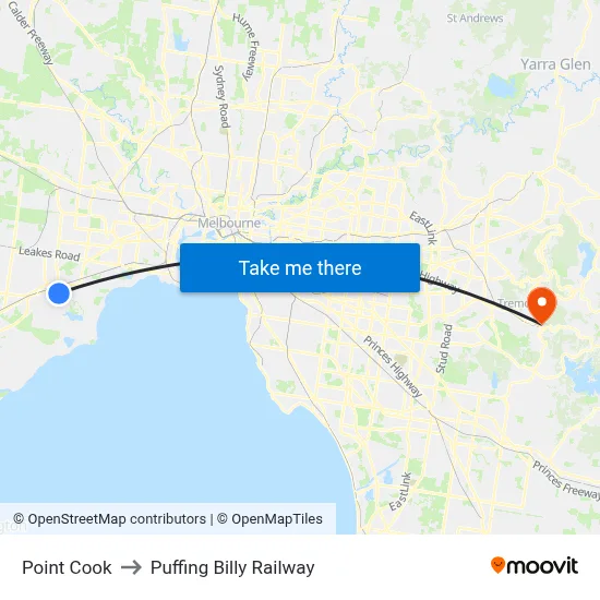 Point Cook to Puffing Billy Railway map